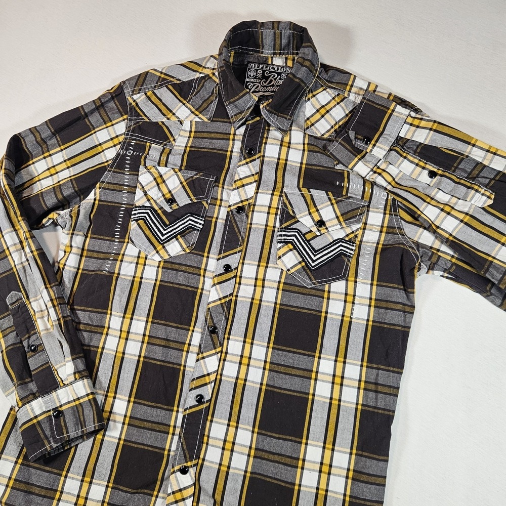 Affliction Shirt Men's Large Black Premium Yellow Brown Plaid